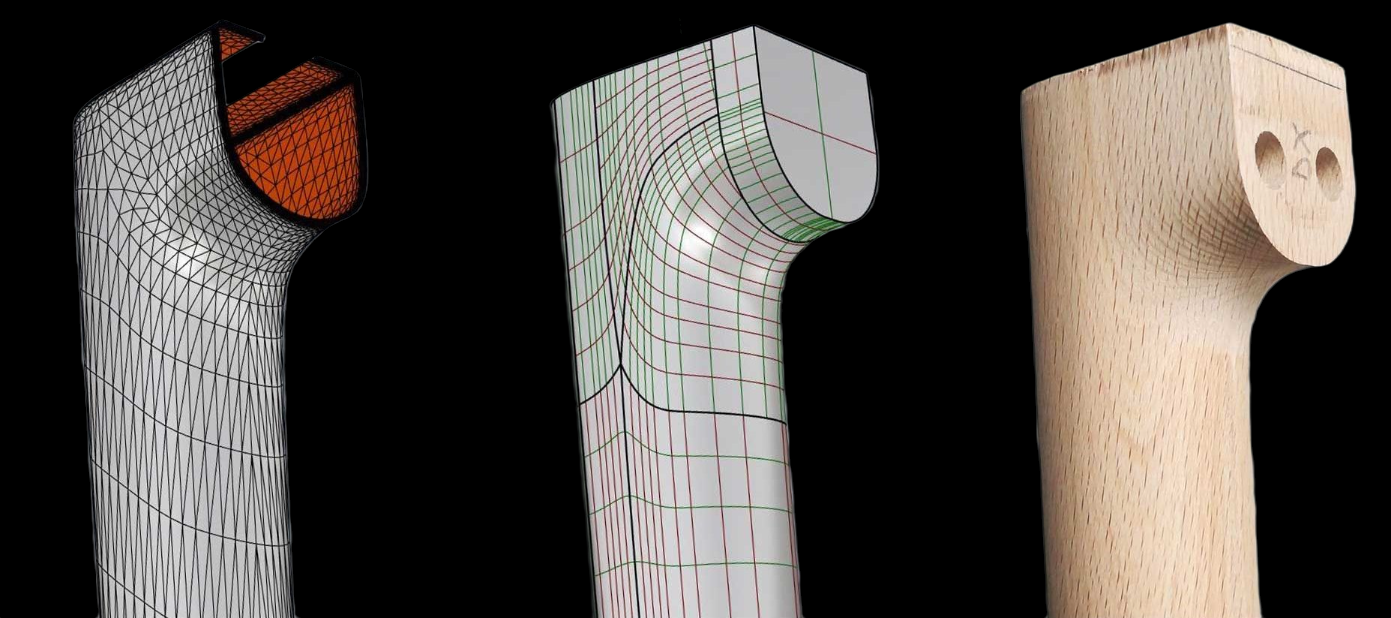 Sequenza scansione mesh, modellazione NURBS, gamba in legno con mortasa — variante 2